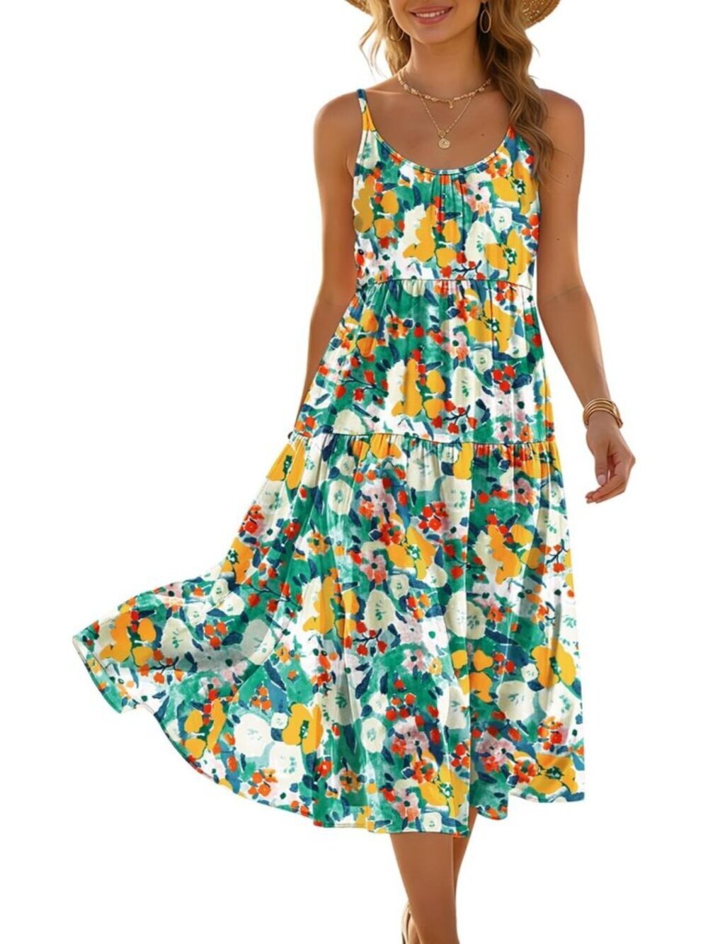 Women's Floral Multi Stable Spaghetti Strap Sundress Boho Casual Flow Midi Dress